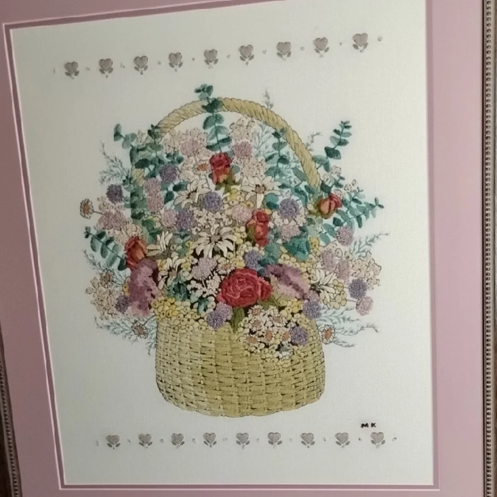 . Vintage Embroidery Framed Floral Wall Art - Flower Basket, Pink Mat, Wood